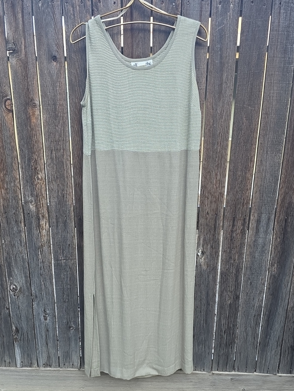 Light Olive Green And Cream Striped Sleeveless Maxi Dress Vintage Made In USA
